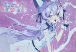  1girl :3 :d aqua_eyes beanie belt black_belt black_bow bow character_name commentary_request dot_nose double-parted_bangs fang geunam_413 hair_bow hair_rings hand_up hat heterochromia jewelry korean_commentary long_hair looking_at_viewer multiple_rings open_mouth orange_eyes overall_skirt overalls purple_hair purple_hat purple_shirt ring scrunchie shirt short_sleeves smile solo stellive striped_clothes striped_shirt tenko_shibuki traditional_media v vertical-striped_clothes vertical-striped_shirt very_long_hair virtual_youtuber white_overalls white_scrunchie wrist_scrunchie 
