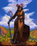 2023 anthro armor bag belt black_hair breasts brown_eyes chainmail clothed clothing cloud day digital_media_(artwork) female flower fully_clothed gloves guyinvintageclothes hair handwear hi_res looking_at_viewer mace mammal medieval medium_hair melee_weapon mouse murid murine outside pink_body pink_skin plant rodent satchel shaded shield sky solo tail weapon