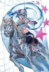  1girl absurdres beanie black_sleeves blue_eyes blue_lips commentary cosplay detached_sleeves english_commentary golden_spiral graph hat hatsune_miku highres horse_print horseshoe horseshoe_hat_ornament horseshoe_ornament johnny_joestar johnny_joestar_(cosplay) jojo_no_kimyou_na_bouken long_hair pants reykun shirt sleeveless sleeveless_shirt slow_dancer_(jojo) solo spurs star_(symbol) star_print steel_ball_run twintails very_long_hair vocaloid 
