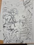  1girl :d absurdres aircraft bike_shorts bike_shorts_under_skirt bow brooch building center_frills city clenched_hands commentary_request dirigible flower frills full_body graphite_(medium) greyscale hair_ornament hairclip hanako_nana highres holding holding_knife jacket jewelry kenneth_sleg knife korean_commentary landing long_hair long_sleeves miniskirt monochrome open_clothes open_jacket open_mouth shirt shoes skirt sky skyscraper sleeveless sleeveless_shirt smile sneakers solo stellive swima_(qoshma1205) thigh_strap traditional_media virtual_youtuber 