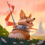 1:1 ambiguous_gender armor black_nose brown_eyes canid canine canis clothing cloud day detailed detailed_background digital_media_(artwork) digital_painting_(artwork) domestic_dog fangs feral flag flag_(object) flower fur grass herding_dog hi_res holding_object lynn_chen mammal melee_weapon open_mouth open_smile orange_body orange_fur outside painting_(artwork) pastoral_dog plant polearm sky smile solo tan_body tan_fur teeth tongue warrior weapon welsh_corgi