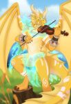 anthro bodypaint bottomwear bowed_string_instrument clothing countershade_torso countershading detailed_background digitigrade dragon dragon_(dnd) dungeons_and_dragons fin fingers gold_dragon_(dnd) grass grass_field hasbro hi_res horn loincloth long_tail looking_at_viewer male musical_instrument mythological_creature mythological_scalie mythology plant ruhira scales scalie sky solo standing string_instrument tail translucent translucent_clothing violin violin_bow whiskers wings wizards_of_the_coast yellow_body yellow_scales