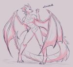  2021 anthro breasts dragon featureless_breasts featureless_crotch female grey_background hi_res horn looking_at_viewer membrane_(anatomy) membranous_wings simple_background smile solo standing trololohstuffs wings 