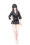  1girl absurdres alternate_costume amagami ayatsuji_tsukasa bangs bare_legs barefoot black_hair black_kimono blunt_bangs breasts brown_eyes cleavage closed_mouth collarbone dougi embarrassed full_moon gyuunyuu_pack_(tanaka) hair_between_eyes hand_on_hip highres japanese_clothes kimono long_hair looking_at_viewer medium_breasts moon no_panties shiny shiny_hair short_kimono simple_background smile solo standing straight_hair thigh_gap translation_request very_long_hair white_background 