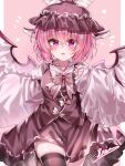  1girl absurdres animal_ears bird_ears blush bow bowtie breasts brown_dress brown_hat brown_thighhighs commentary dress frilled_sleeves frills hair_between_eyes hat highres long_sleeves looking_at_viewer medium_breasts medium_hair mystia_lorelei open_mouth pinafore_dress pink_bow pink_bowtie pink_eyes pink_hair shirt signature skindentation sleeveless sleeveless_dress smile solo thighhighs thighs top-exerou touhou white_shirt wide_sleeves winged_hat wings 