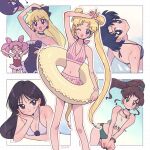  6+girls aino_minako arm_up artist_name bikini bishoujo_senshi_sailor_moon black_bikini black_choker black_eyes black_hair black_one-piece_swimsuit blonde_hair breasts brown_hair chibi_usa choker collarbone commentary_request double_bun earrings frilled_one-piece_swimsuit frills from_behind green_bikini green_eyes hair_bun high_ponytail highres hino_rei holding holding_swim_ring jewelry kino_makoto long_hair looking_at_viewer luna-p mizuno_ami multiple_girls necklace one-piece_swimsuit one_eye_closed open_mouth outline pink_hair ponytail poolside red_one-piece_swimsuit short_hair smile standing striped_bikini striped_clothes swim_ring swimsuit tsukino_usagi twintails white_bikini yyemoyy 