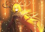  1girl antlers armor arms_at_sides artist_name black_background black_cape black_necktie black_shirt blonde_hair breastplate breasts cape closed_mouth collared_shirt commentary cowboy_shot don_quixote_(project_moon) dot_nose faulds floating floating_object floating_weapon gauntlets glowing glowing_weapon gold_trim hair_between_eyes hand_up haute_couture::le_noir_brand_manager_(identity)_(project_moon) highres holding holding_weapon horns limbus_company long_hair looking_at_viewer looking_down nail_(hardware) necktie oversized_object pauldrons project_moon red_background runeeira shirt shoulder_armor simple_background solo standing tassets vambraces very_long_hair weapon yellow_eyes 