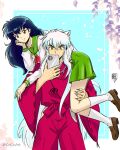  1boy 1girl animal_ears bead_necklace beads blue_background blue_hair brown_shoes carrying_over_shoulder closed_mouth crispslyn dog_boy dog_ears english_commentary fingernails green_sailor_collar green_skirt hetero highres higurashi_kagome holding holding_phone inuyasha inuyasha_(character) japanese_clothes jewelry kimono long_hair long_sleeves necklace phone pointy_ears sailor_collar school_uniform serafuku sharp_fingernails shoes skirt socks tooth_necklace v-shaped_eyebrows white_hair white_socks yellow_eyes 
