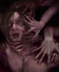  1boy absurdres bleeding blood blood_from_mouth brown_hair chest_hair commentary corruption english_commentary furrowed_brow hand_on_another's_arm hand_on_another's_neck highres horror_(theme) leon_s._kennedy limited_palette male_focus mature_male nude outstretched_arm reaching reaching_towards_another resident_evil resident_evil_requiem short_hair starkveil surrounded_by_hands wrinkled_skin zombie 