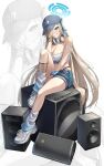  1girl absurdres alternate_costume artist_name asuna_(blue_archive) asymmetrical_bangs bandaid bangle baseball_cap black_panties blonde_hair blue_archive blue_eyes blue_halo blue_hat blue_ribbon blue_scrunchie blue_shorts blue_socks bracelet breasts cleavage commentary crop_top crossed_bandaids denim denim_shorts fishnet_socks fishnets grin hair_over_one_eye hair_ribbon halo hat headphones headphones_around_neck highleg highleg_panties highres jewelry knee_up large_breasts light_blush long_hair looking_at_viewer loose_socks millennium_science_school_logo mole mole_on_breast nathoart one_eye_covered panties panty_straps ribbon scrunchie shirt shoes short_shorts shorts sitting skindentation sleeveless sleeveless_shirt smile sneakers socks speaker star_(symbol) strap_slip string_panties two-tone_socks underwear very_long_hair white_background white_shirt white_shoes white_socks wrist_scrunchie zoom_layer 
