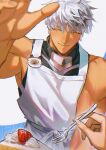  1boy absurdres apron archer_(fate) armor breastplate cake cake_slice code3755 commentary_request fate/grand_order fate_(series) food highres male_focus messy_hair muscular muscular_male pov pov_hands shirt smile solo spiked_hair white_apron white_shirt 