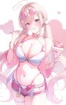  1girl absurdres ahoge aisu_(88) bear_hair_ornament belt bikini bikini_bottom_under_shorts bikini_under_clothes blush breasts closed_mouth commentary cowboy_shot cup dress eyewear_on_head floating_hair food food_on_face frilled_dress frills hair_intakes hair_ornament highleg highleg_bikini highres holding holding_cup large_breasts long_hair looking_at_viewer navel o-ring o-ring_bikini open_belt open_clothes open_fly open_shorts original parfait pink-tinted_eyewear pink_eyes pink_hair pink_shorts pom_pom_(clothes) pom_pom_hair_ornament short_shorts shorts solo standing swimsuit tinted_eyewear twintails untranslatable_commentary utensil_in_mouth very_long_hair wavy_hair white_background white_belt white_bikini x_hair_ornament 