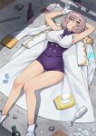  1girl absurdres blue_eyes blush boots bottle breasts broken_glass brown_hair coat commentary_request condom condom_wrapper corset cup drinking_glass epaulettes glass gloves gridman_universe highres jacket large_breasts looking_at_viewer military_jacket mujina nanni_jjang necktie parted_lips purple_corset purple_necktie purple_shorts shirt short_hair short_shorts shorts solo ssss.dynazenon tissue_box underbust white_boots white_coat white_gloves white_shirt wine_glass 