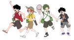  4boys absurdres backpack bag black_hair bottle butterfly_net child commentary exhausted full_body green_eyes green_hair hand_net hat highres holding_hands kanzaki_kaoru kaohom503 korekishi_eugene male_focus multiple_boys open_mouth phantom_busters round_eyewear running sandals shirt shishikuno_mogari shoes short_hair shorts simple_background socks spiked_hair straw_hat sweat t-shirt tamon_kotarou untranslatable_commentary walking water_bottle white_background white_shirt 