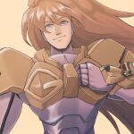  1boy bangs blue_eyes brown_hair hair_between_eyes head_tilt highres jinri_shijie long_hair looking_at_viewer male_focus power_armor science_fiction shishiou_gai smile solo upper_body yellow_background yuusha_ou_gaogaigar yuusha_series 