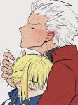  1boy 1girl ahoge archer_(fate) artoria_pendragon_(fate) blonde_hair blush braid braided_base braided_bun commentary_request dress embarrassed fate/grand_order fate_(series) hair_bun hair_slicked_back highres hug kogashi17 nervous saber_(fate) simple_background spiked_hair tall_male upper_body 