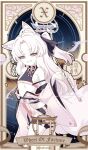  1girl absurdres ahoge animal_ear_fluff animal_ears artist_name blue_archive breasts brown_eyes card_(medium) commentary crop_top detached_sleeves english_text fox_ears fox_girl fox_tail goanchor grin hakama hakama_short_skirt hakama_skirt halo highres holding holding_smoking_pipe japanese_clothes kiseru kuzunoha_(blue_archive) long_hair looking_at_viewer multiple_tails pale_skin parted_bangs pink_hair roman_numeral shorts shorts_under_skirt skirt small_breasts smile smoking_pipe solo tail tarot tarot_(medium) torii twitter_username two_side_up two_tails wheel_of_fortune_(tarot) white_halo 