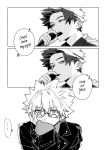  ... 2boys absurdres commentary_request english_text greyscale hair_between_eyes hands_on_own_chin highres jacket kanzaki_kaoru kaohom503 leather leather_jacket looking_at_another male_focus monochrome multiple_boys phantom_busters short_hair simple_background singing speech_bubble spoken_ellipsis tamon_kotarou thai_commentary white_background yaoi 