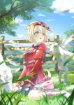  1girl animal_ears black_gloves blonde_hair blue_eyes colored_inner_hair commentary envelope gloves goat goat_ears goat_girl hat hat_bell highres hololive jacket jw_2140 medium_hair multicolored_hair open_mouth outdoors red_hat red_jacket sitting solo suzuna_tsuzuri untranslatable_commentary virtual_youtuber wariza white_hair wind 