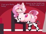 absurd_res aged_up animal_print anus ball_gag big_breasts bodily_fluids breast_milking breasts butt chapaevv clothed clothing comic cow_print crotch_breasts dialogue digital_media_(artwork) duo english_text equid equine equine_anus facial_piercing female feral friendship_is_magic fur gag genitals hair hasbro hi_res horn horn_jewelry horn_ring horse jewelry lactating leg_warmers legwear magic mammal my_little_pony mythological_creature mythological_equine mythology nose_piercing nose_ring open_mouth piercing pony restraints ring_(jewelry) ring_piercing simple_background solo speech_bubble stockings stocks submissive sweetie_belle_(mlp) telekinesis text thick_thighs unicorn weekend_pets