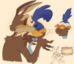 absurd_res anthro asphyxiation avian bird blush cake canid canine canis choking coyote cuculiform d_bilo4ca dessert duo eyes_closed food heart_symbol hi_res kissing looney_tunes male male/male mammal neck_grab new_world_ground_cuckoo road_runner_(looney_tunes) roadrunner sponge_cake thought_bubble tongue tongue_out warner_brothers wile_e._coyote