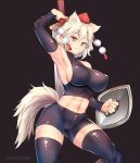  1girl abs animal_ear_fluff animal_ears arm_up bangs black_background black_bodysuit black_thighhighs bodysuit breasts closed_mouth detached_sleeves hat highres holding holding_shield holding_sword holding_weapon inubashiri_momiji large_breasts long_sleeves looking_at_viewer muscular muscular_female navel pom_pom_(clothes) puck100ml red_eyes ribbon-trimmed_sleeves ribbon_trim shield short_hair sideboob simple_background solo sword tail thighhighs thighs tokin_hat toned touhou weapon white_hair wolf_ears wolf_tail 