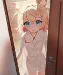  1girl absurdres animal_ear_fluff animal_ears blonde_hair blush commentary cowboy_shot dog_ears dog_girl door_handle double-parted_bangs highres hololive hololive_english long_shirt looking_at_viewer medium_hair mococo_abyssgard naked_shirt nanatari6 navel nervous_smile open_door open_mouth oversized_clothes oversized_shirt petite pink_eyes see-through_clothes see-through_shirt shibari shibari_under_clothes shirt short_sleeves single_bare_shoulder single_off_shoulder smile solo standing t-shirt virtual_youtuber white_shirt 