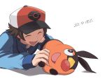 1boy :d baseball_cap blue_jacket blush brown_hair closed_eyes commentary dated hat hilbert_(pokemon) jacket long_sleeves male_focus open_mouth poke_ball_print pokemon pokemon_(creature) pokemon_(game) pokemon_bw red_headwear short_hair smile tepig three_guo tongue white_background 