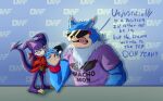 absurd_res alcoholictails anthro bandai_namco blue_body blue_fur canid canine canis claws clothing digimon digimon_(species) duo english_text eyewear fangs finger_claws fur gloves green_eyes handwear hi_res holding_object imp impmon kerchief looking_at_another machgaogamon macho_man_randy_savage male mammal meme multicolored_body pink_clothing pink_shirt pink_topwear purple_body red_clothing red_gloves red_handwear red_kerchief shirt size_difference spade_tail sunglasses sweatband tail teeth text tight_clothing tight_shirt tight_topwear toe_claws topwear two_tone_body two_tone_hands wearing_sunglasses white_body white_fur wolf