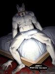 amon-sydonai animated animated_gif anthro bed big_bulge blood blood_puddle bodily_fluids bulge claws clothed clothing collar corpse creepy detailed_bulge dramatic_lighting furniture genital_outline hi_res horror_(theme) jerry_(lookout3d) male microsoft minecraft mojang muscular nervous nipples on_bed pecs penis_outline red_collar short_playtime sitting solo speech_bubble text toe_claws underwear underwear_only white_body wide_eyed wolf_(minecraft) xbox_game_studios