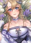  1girl :d arknights bangs bare_shoulders blonde_hair blue_eyes collarbone dress flower hair_between_eyes highres horns long_hair looking_at_viewer nibiiro_(deep_4242) off-shoulder_dress off_shoulder official_alternate_costume open_mouth pointy_ears purple_flower rose saileach_(appreciate_fragrance)_(arknights) saileach_(arknights) smile solo upper_body white_dress white_flower white_rose 