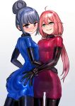  2girls absurdres ass ass_grab black_gloves blue_bodysuit blue_eyes blue_hair bodysuit closed_mouth commission elbow_gloves gloves hair_bun hairband highres kagamihara_nadeshiko kilye_kairi latex latex_bodysuit lips long_hair looking_at_viewer low_twintails multiple_girls parted_lips pink_hair purple_eyes red_bodysuit shima_rin short_hair skeb_commission skin_tight smug twintails yurucamp 