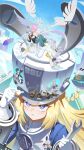  1boy 4girls absurdres aurelia_academy_school_uniform bangboo_(zenless_zone_zero) bangboo_6_(zenless_zone_zero) belle_(brilliance_of_stars)_(zenless_zone_zero) belle_(zenless_zone_zero) blonde_hair blue_hair braid breasts cleavage commentary_request eous_(zenless_zone_zero) giant giantess gloves green_eyes grey_hair grey_hat hat headpat heart highres holding holding_instrument holding_sword holding_trumpet holding_weapon holding_wrench instrument jetpack long_sleeves multiple_girls norma_hollowell official_alternate_costume pink_hair playing_instrument purple_eyes pyrois_(zenless_zone_zero) remielle_dan rx-c school_uniform sidelocks sword thaumiel_(zenless_zone_zero) thumbs_up trumpet velina_airgid weapon white_gloves white_wings wings wise_(oath_of_skies)_(zenless_zone_zero) wise_(zenless_zone_zero) wrench zenless_zone_zero 