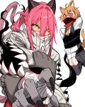  1boy 1girl ahoge angry animal_ears black_pants black_scales black_vest bound bound_torso collared_shirt commentary_request cowboy_shot crazy_eyes feet_out_of_frame fox_boy fox_ears fox_tail grey_jacket hair_between_eyes hair_intakes highres horns jacket kimpas0 korean_commentary long_bangs long_hair long_sidelocks midair mole mole_under_eye necktie nervous_sweating orange_hair orange_necktie orange_tail original pants pink_hair red_eyes scales scared shirt sidelocks simple_background sweat sweatdrop tail too_many_teeth uneven_eyes v-shaped_eyebrows vest white_background white_shirt yellow_eyes zipper_pull_tab 