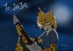 backlighting black_nose blonde_hair blue_background blue_clothing blue_eyes blue_shirt blue_topwear brown_body brown_eyebrows brown_fur chest_tuft clothing colored_nails ear_tuft electric_guitar eyebrows eyewear facial_tuft felid feline fur glasses guitar hair hi_res highlights_(coloring) holding_guitar holding_musical_instrument holding_object humanoid light lighting long_hair looking_at_viewer lynx male mammal maplefox musical_instrument nails plucked_string_instrument relaxing shirt simple_background solo string_instrument topwear tuft wearing_glasses white_body white_fur white_nails yellow_body yellow_fur