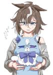  1girl absurdres admire_groove_(umamusume) animal_ears animalization baggy_clothes blue_eyes bow breasts brown_hair closed_mouth commentary_request dress frown grey_dress grey_streaks hair_ornament hair_over_one_eye highres hinekure_inu holding horse_ears horse_girl long_sleeves multicolored_hair open_mouth purple_bow purple_eyes recursive_animalization rulership_(casual)_(umamusume) rulership_(umamusume) short_hair simple_background single_bare_shoulder streaked_hair sweatdrop torn_clothes torn_dress umamusume yukito_(yukito85476) 