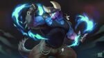 absurd_res anthro arm_spikes belt_chain biceps black_body black_clothing black_shirt black_topwear blue_body blue_fire bottomwear clock clothed clothing colored_fire digital_media_(artwork) dog_tags dragon elbow_spikes elemental_manipulation facial_horn fangs fingerless_gloves fire fire_manipulation fist gloves gui_(direwarewolf) handwear head_horn hi_res horn jewelry male muscular muscular_arms mythological_creature mythological_scalie mythology necklace nose_horn open_mouth pants pecs raised_fist raised_hand scalie serious shirt solo spikes spikes_(anatomy) tail tank_top teeth thick_horn topwear watch wingless_dragon wristwatch wufrick yellow_eyes