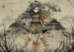  1girl :d arm_bow arm_up black_shirt black_skirt blue_eyes bow bug centipede commentary_request fog grass highres himemushi_momoyo holding holding_behind_neck holding_pickaxe holding_shovel leg_bow long_hair looking_at_viewer matsukuzu mountain orange_bow pickaxe puffy_short_sleeves puffy_sleeves shirt short_sleeves shovel skirt smile solo standing touhou 