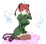  1girl animal_ears braid cat_ears cat_tail dress extra_ears kaenbyou_rin looking_at_viewer maisaka multiple_tails open_mouth pointy_ears red_eyes red_hair simple_background solo tail thighhighs touhou twin_braids white_background 