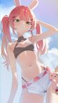 1girl absurdres animal_ears aqua_streaks arm_at_side armpits belt bikini bikini_bottom_under_shorts bikini_under_clothes black_bikini blue_sky character_charm charm_(object) cleavage_cutout clothing_cutout cloud commentary_request cowboy_shot day double-parted_bangs fake_animal_ears flat_chest from_below green_eyes green_streaks hair_ornament hairclip hanako_nana hand_on_own_head hand_up highleg highleg_bikini highres korean_commentary long_hair looking_at_viewer looking_down multicolored_hair multiple_hairclips navel outdoors parted_lips peto_(hanako_nana) pink_belt pink_hair pink_streaks rabbit_ears rabbit_hair_ornament seonirep short_shorts shorts sidelighting sky smile solo standing stellive streaked_hair swimsuit twintails virtual_youtuber white_shorts 