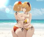  2girls aki_minoriko aki_shizuha alternate_costume ass beach bikini blonde_hair blue_sky blush breasts cleavage closed_mouth commentary_request commission day eye_contact food-themed_hair_ornament fruit_hair_ornament grape_hair_ornament hair_ornament highres hug imminent_kiss incest kagiyama_shachou large_breasts leaf leaf_hair_ornament leaf_print lens_flare looking_at_another maple_leaf maple_leaf_print missing_headwear multiple_girls ocean orange_bikini outdoors red_eyes short_hair siblings side-tie_bikini_bottom sisters skeb_commission sky smile swimsuit thighs torso_grab touhou yellow_bikini yellow_eyes yuri 