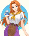  1girl absurdres aged_up belt blue_eyes bottle breasts brown_belt brown_hair closed_mouth commentary highres holding holding_bottle large_breasts lon_lon_milk long_hair looking_at_viewer malon milk_bottle neckerchief orange_hair pointy_ears purple_skirt shirt skirt smile solo the_legend_of_zelda the_legend_of_zelda:_ocarina_of_time truejekart white_shirt yellow_neckerchief 