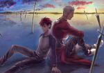  2boys archer_(fate) artist_name blue_sky cloud cloudy_sky coat commentary_request dark-skinned_male dark_skin emiya_shirou fate/stay_night fate_(series) field_of_blades heiheiniseta male_focus multiple_boys multiple_swords multiple_weapons outdoors planted planted_sword red_coat red_hair shirt signature sky spiked_hair sunset sword t-shirt too_many_weapons twitter_username unlimited_blade_works_(reality_marble) weapon white_hair 