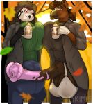 absurd_res animal_genitalia anthro autumn avian ball_bra balls beak beverage big_balls big_breasts big_penis bird breast_squeeze breasts bulge busty_boy_(lore) clothed clothing coat coffee container cup duo equid equine equine_genitalia genitals herm hi_res horse huge_balls huge_breasts huge_penis hyper hyper_balls hyper_breasts hyper_genitalia intersex leaf light lykim mammal outside owl penis piercing squeezing sunlight sweater topwear