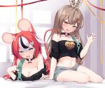  2girls absurdres animal_(vocaloid) animal_ears black_choker black_hair black_shirt blush breasts brown_eyes brown_hair choker cleavage clothes_writing feather_hair_ornament feathers grey_shorts hair_ornament hakos_baelz heart heart_choker highres hololive hololive_english medium_breasts midriff mouse_ears mouse_girl mouse_hair_ornament mouse_tail multicolored_hair multicolored_nails multiple_girls nail_polish namiorii nanashi_mumei navel off-shoulder_shirt off_shoulder red_hair shirt shorts streaked_hair tail virtual_youtuber white_hair 