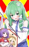  3girls absurdres blonde_hair blood blue_skirt blush brown_hat closed_mouth collared_shirt commentary_request crossed_arms detached_sleeves frog_hair_ornament gohei green_eyes green_hair hair_ornament hair_ribbon hair_tubes hat highres holding holding_gohei ikano_onabe931 kochiya_sanae layered_sleeves leaf leaf_hair_ornament long_hair long_sleeves lower_teeth_only maple_leaf mirror moriya_suwako multiple_girls nosebleed open_mouth purple_hair purple_vest red_eyes red_ribbon red_shirt ribbon shirt short_over_long_sleeves short_sleeves single_hair_tube skirt sleeveless sleeveless_shirt smile snake_hair_ornament teeth touhou tress_ribbon vest white_shirt yasaka_kanako yellow_eyes 