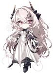  1girl absurdres arknights breasts cleavage cleavage_cutout clothing_cutout demon_girl demon_horns demon_tail dress godgamesc2 high_heels highres horns jewelry light_smile long_hair multiple_rings pink_eyes pink_hair red_eyes ring ring_on_every_finger simple_background smile solo tail theresa_(arknights) thread very_long_hair white_background white_dress 
