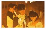  1girl 2boys black_hair bob_cut cccoorou champagne_coupe commentary_request cup curtained_hair dress drinking_glass formal_clothes han_sooyoung highres holding holding_cup kim_dokja korean_commentary multiple_boys omniscient_reader's_viewpoint short_hair upper_body vest yoo_joonghyuk 