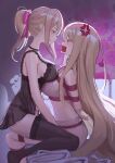  2girls absurdres anger_vein arms_behind_back bdsm black_thighhighs blonde_hair bondage bound bow bra breast_on_breast breasts cailin020 commentary commission english_commentary eye_contact femdom gag gagged highres improvised_gag large_breasts lily_(cailin020) long_hair looking_at_another multiple_girls negligee original panties pink_bow ponytail red_eyes red_rope rope shibari sidelocks sitting smile tape tape_gag thighhighs tsuki_(supertim) underwear very_long_hair white_bra white_panties yuri 