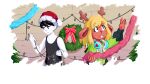  1boy 1girl animal_ears antlers antonymph black_tank_top blonde_hair buck_teeth cherrystar christmas christmas_lights christmas_wreath colored_skin cosplay crossover decorating deer_ears deer_girl deltarune freckles genre_connection gir_(dog_costume)_(invader_zim) gir_(invader_zim) gir_(invader_zim)_(cosplay) green_hoodie hat headphones headphones_around_neck highres hood hood_down hoodie horns invader_zim noelle_holiday omori omori_(omori) red_nose reindeer_girl santa_hat shorts siivagunner striped_clothes striped_shorts tank_top teeth third-party_source two-tone_hoodie two-tone_sweater_vest utdr_(toby_fox) vertical-striped_clothes vertical-striped_shorts vylet_pony white_skin wreath 